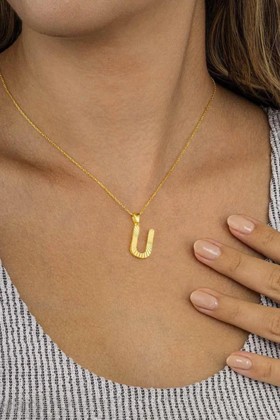 Gümüş Pazarım Altın Kaplama U Harfli Kadın 925 Ayar Gümüş Kolye - Resim 2