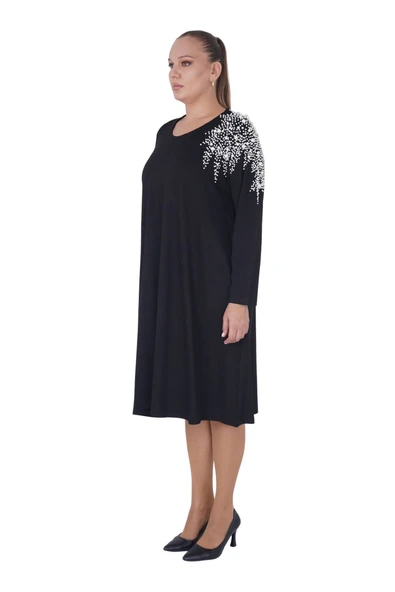 Kadın Büyük Beden Siyah İnci Detay Midi Boy Uzun Kollu Elbise - Resim 2