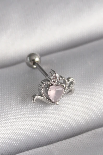 pilelistore 316L Çelik Gümüş Renk Pembe Mineli Kalp Zirkon Taş Detay Tragus Piercing - TJ-PR1261 ürün görseli 1