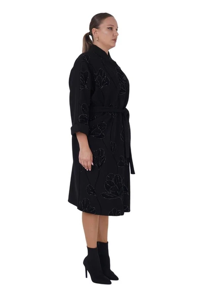 Kadın Büyük Beden Siyah Kuşaklı Şık Kaban - 2