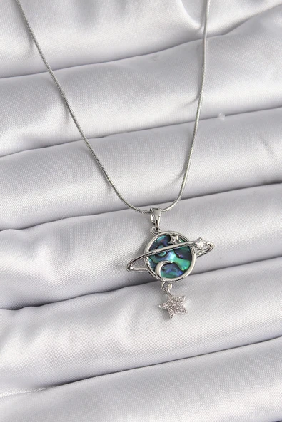 pilelistore 316L Çelik Gümüş Renk Zincir Zirkon Taşlı Gezegen Model Kadın Kolye - TJ-BKO9478