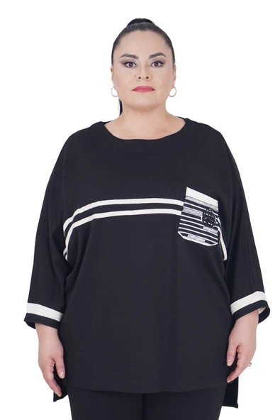 Kadın Büyük Beden Beyaz Şeritli Siyah Spor Şık Bluz