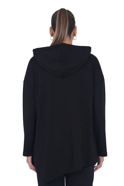 Kadın Büyük Beden Siyah Kapüşonlu Sloganlı Sweatshirt - Resim 3