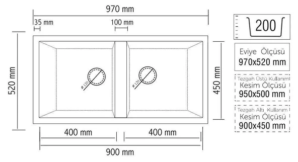 Real Stone P019 Nemrut Granit Mutfak Eviyesi Cappucino Tezgah Altı - Üstü 97x52 Cm İki Gözlü - Resim 2