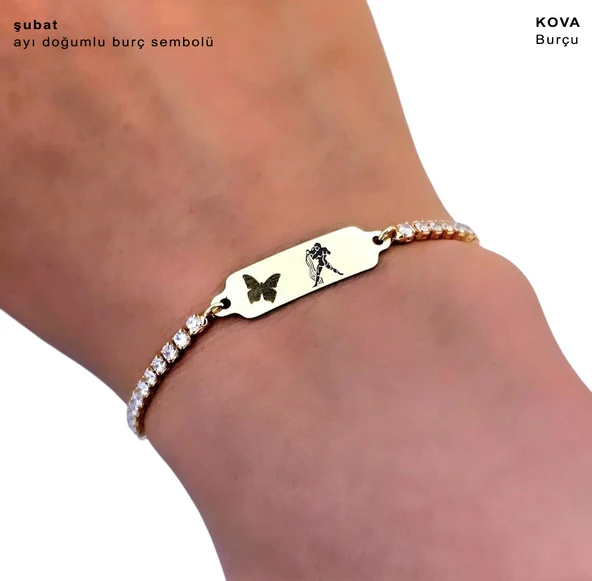 14 Ayar Altın Plakalı Burca Özel Altın Renkli Zincirli Kelebek Figürlü Beyaz Taş Desenli Hediye Bileklik-644 - Resim 3