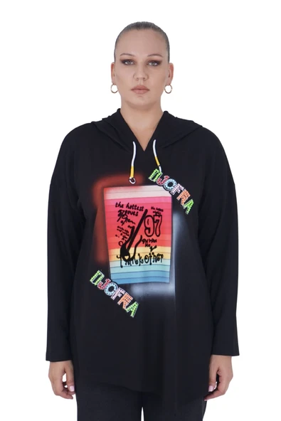 Kadın Büyük Beden Siyah Kapüşonlu Sloganlı Sweatshirt ürün görseli