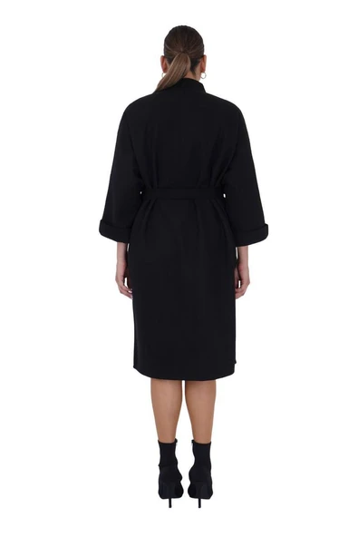 Kadın Büyük Beden Siyah Kuşaklı Şık Kaban - 3