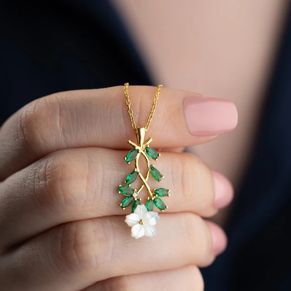Vaoov 925 Ayar Gümüş Sedef Çiçekli Yeşil Taşlı Kolye - Resim 3