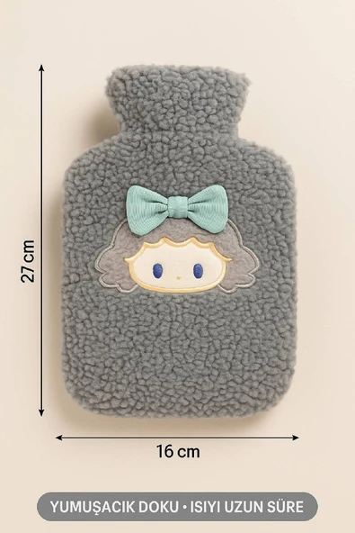 Gri Peluş Sıcak Su Torbası – Yumuşak, Güvenli ve Şık Saçlı Kız Model, 1 Litre - 6