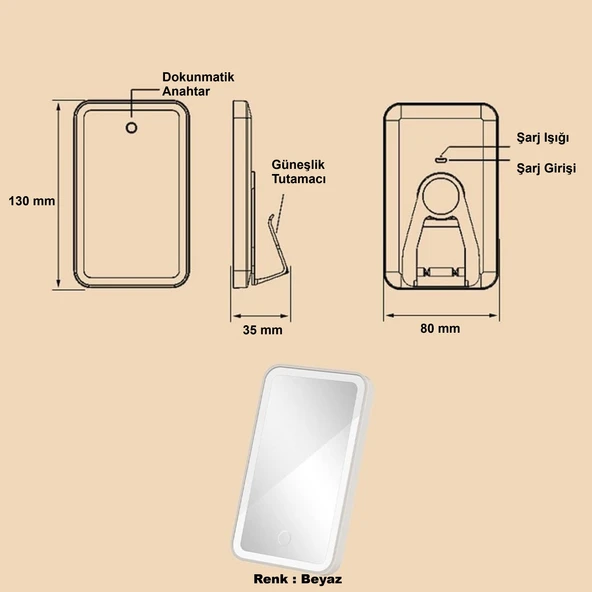 HyMark Araç İçi Dokunmatik Led Işıklı 3 Modlu Makyaj Aynası Kısılabilir Şarjlı Pilli Klipsli Güneşlik Aynası - Resim 5
