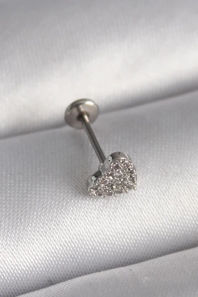 pilelistore 316L Çelik Gümüş Renk Zirkon Taşlı Kalp Model Tragus Piercing - TJ-PR1347