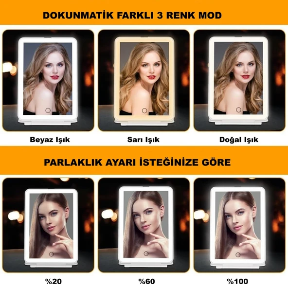 HyMark Araç İçi Dokunmatik Led Işıklı 3 Modlu Makyaj Aynası Kısılabilir Şarjlı Pilli Klipsli Güneşlik Aynası - 3