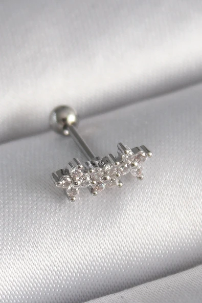 pilelistore 316L Çelik Gümüş Renk Zirkon Taşlı Yonca Tragus Piercing - TJ-PR1255