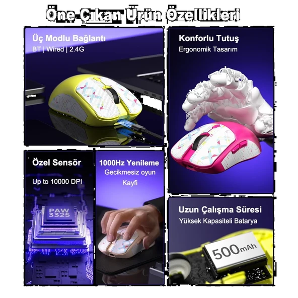 Aula SC580X Lightweight PAW3311 10000 DPI 1000Hz Beyaz Kablosuz Gaming Mouse - Resim 4