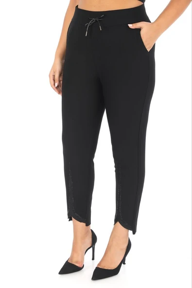 Büyük Beden Kadın Toparlayıcı Beli Lastikli Dar Paça Paçası Taşlı Pantolon