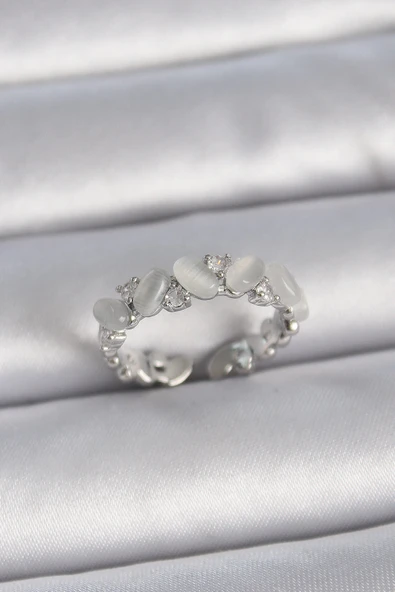 pilelistore Pirinç Gümüş Renk Ayarlanabilir Zirkon Taşlı Beyaz Mineli Model Kadın Yüzük - TJ-BYK3383