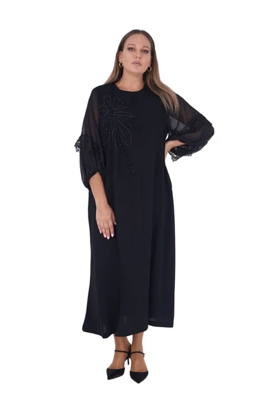 Kadın Büyük Beden Siyah Tül Detay Çiçek Motifli Uzun Kollu Uzun Elbise - Resim 4
