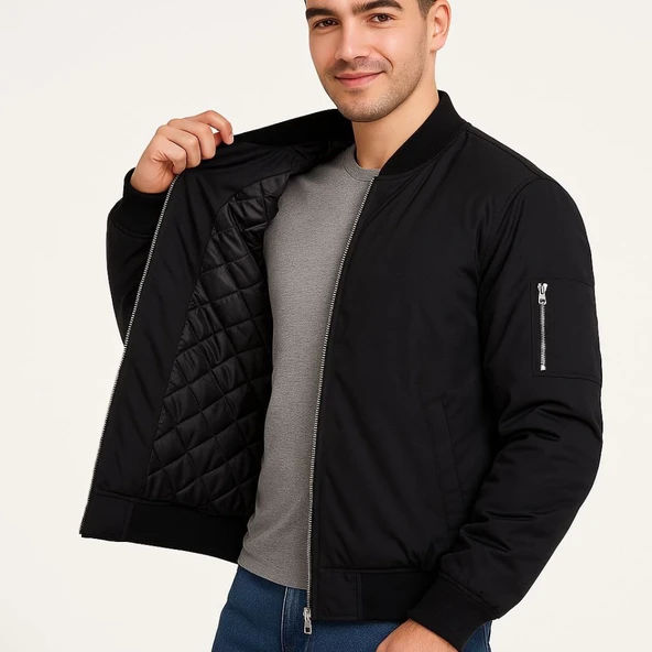 Erkek Içi Astarlı Fermuarlı Bomber Mont Ceket - Siyah - 4