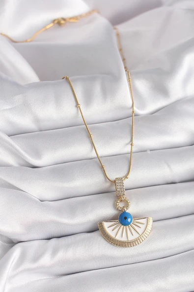 pilelistore 316L Çelik Gold Renk Zincir Zirkon Taş Detaylı Nazar Boncuk Göz Model Kadın Kolye - TJ-BKO9474 - Resim 2