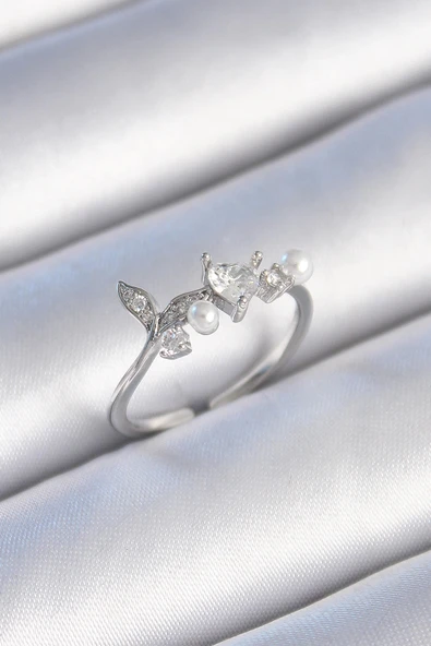 pilelistore Pirinç Gümüş Renk Zirkon Taşlı Kalp Yaprak Model İnci Detay Kadın Yüzük - TJ-BYK3431