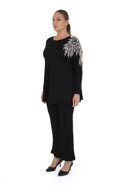 Kadın Büyük Beden Siyah İnci Detaylı Alt Üst İkili Takım - Resim 2