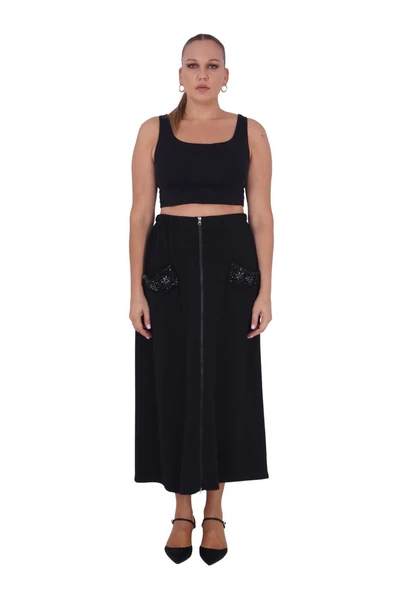 Kadın Büyük Beden Siyah Dokuma Cepli Şık Battal Etek ürün görseli