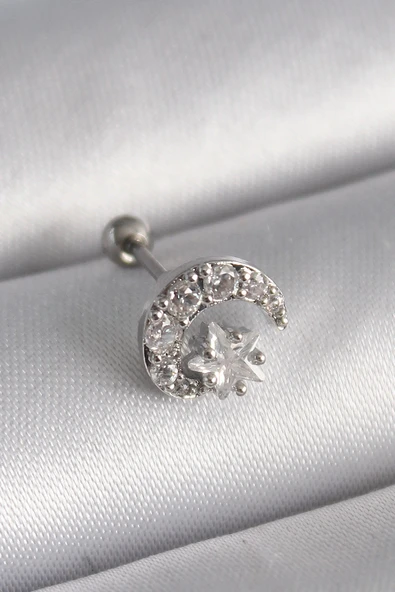pilelistore 316L Çelik Gümüş Renk Zirkon Taşlı Ay Yıldız Tragus Piercing - TJ-PR1257 ürün görseli 1