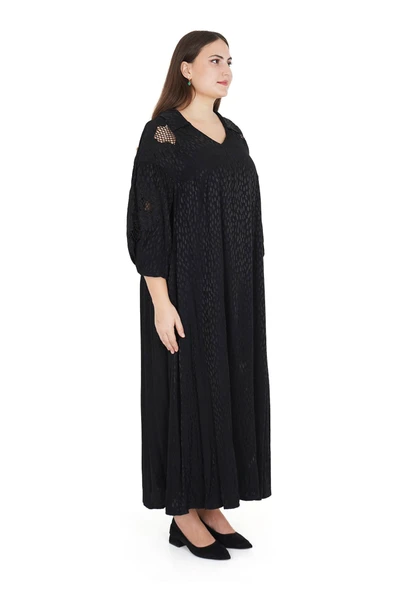 Kadın Büyük Beden Siyah Tül Dantel File Detay İpek Görünümlü Uzun Elbise - Resim 2