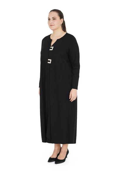 Kadın Büyük Beden Siyah Uzun Sade Salaş Elbise - 2