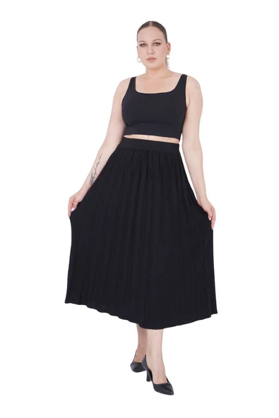 Kadın Büyük Beden Siyah Triko Uzun Etek - Resim 4