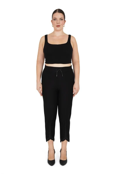 Büyük Beden Toparlayıcı Dar Paça Beli Lastikli Paça Taş Detaylı Kadın Pantolon ürün görseli 1