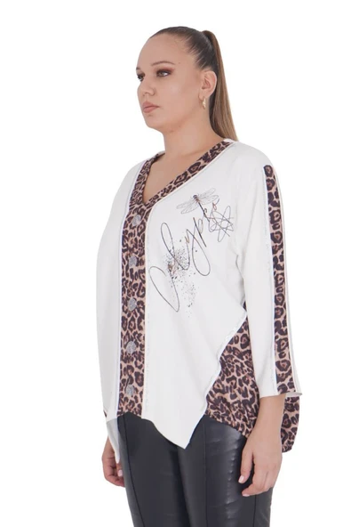 Kadın Büyük Beden Beyaz Asimetrik Leopar Detaylı Uzun Kol Bluz - Resim 2
