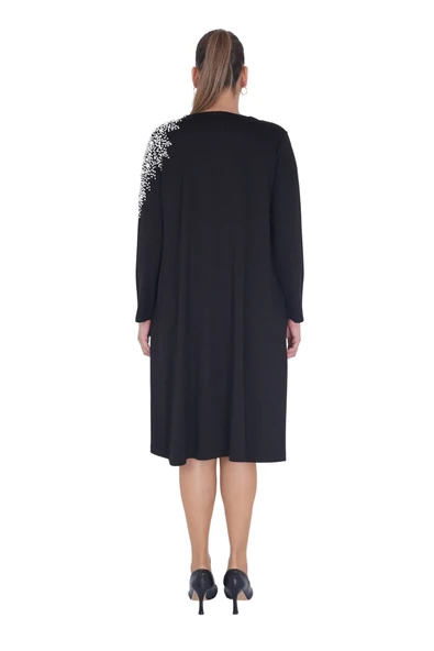 Kadın Büyük Beden Siyah İnci Detay Midi Boy Uzun Kollu Elbise - Resim 3