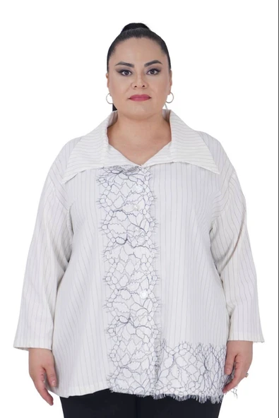 Kadın Büyük Beden Dantel Detay Şık Battal Gömlek