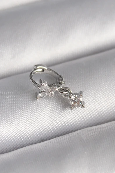 pilelistore 316L Çelik Gümüş Renk Zirkon Taşlı Kelebek Model Sallantı Detay Tragus Piercing - TJ-PR1299