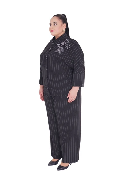 Kadın Büyük Beden Ekstra Battal Çiçek Motifli Alt Üst İkili Takım Uzun Kollu - Resim 2