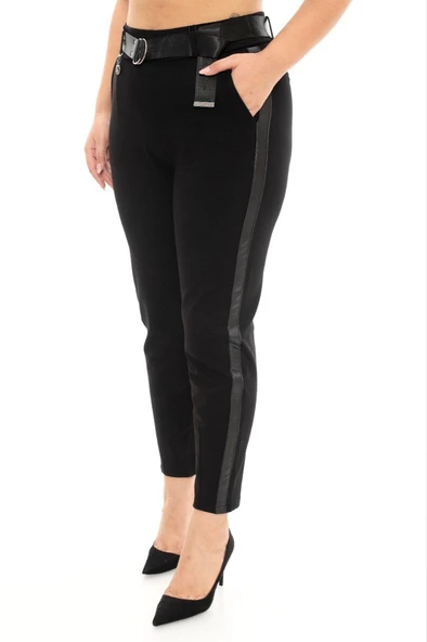 Büyük Beden Kadın Dar Paça Deri Şeritli Beli Lastikli Ekstra Battal Toparlayıcı Pantolon - 1