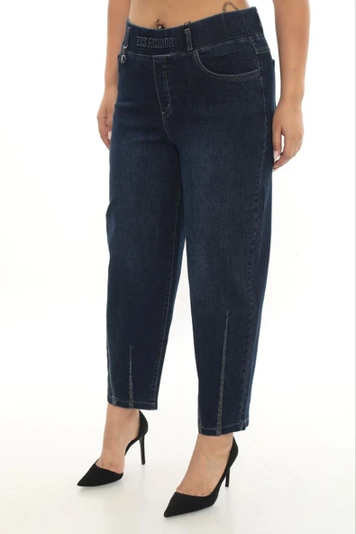 ZANESSI 53159 Büyük Beden Ekstra Battal Mom Fit Paça Taş Detaylı Yüksek Bel Lastikli Kadın Pantolon - Resim 5