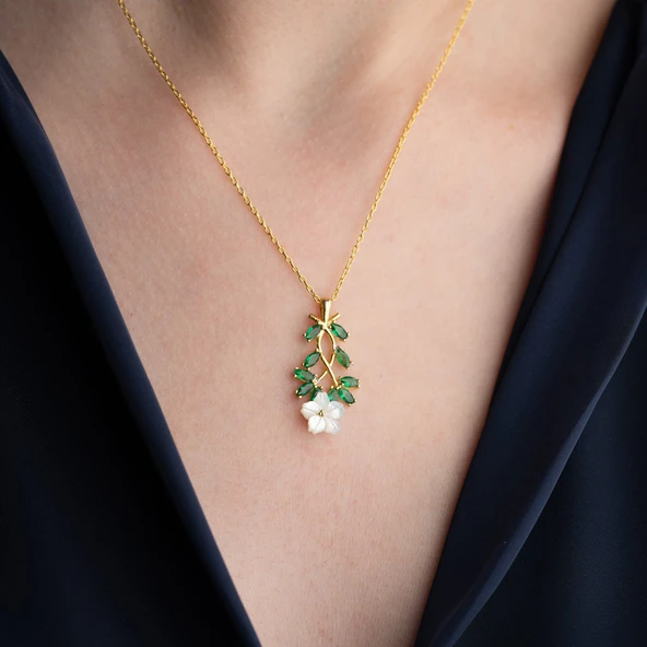 Vaoov 925 Ayar Gümüş Sedef Çiçekli Yeşil Taşlı Kolye - Resim 5