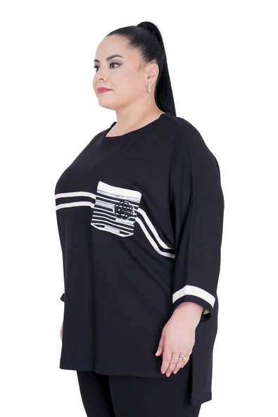 Kadın Büyük Beden Beyaz Şeritli Siyah Spor Şık Bluz - 2
