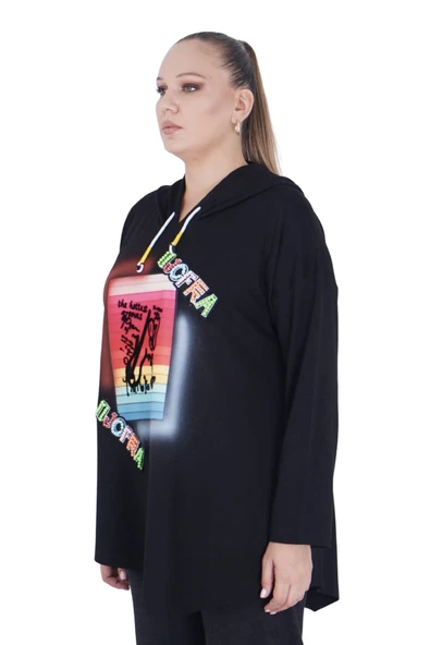 Kadın Büyük Beden Siyah Kapüşonlu Sloganlı Sweatshirt - Resim 2