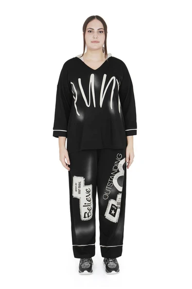 Kadın Büyük Beden Pamuk Alt Üst Uzun Kollu İkili Takım - Resim 4