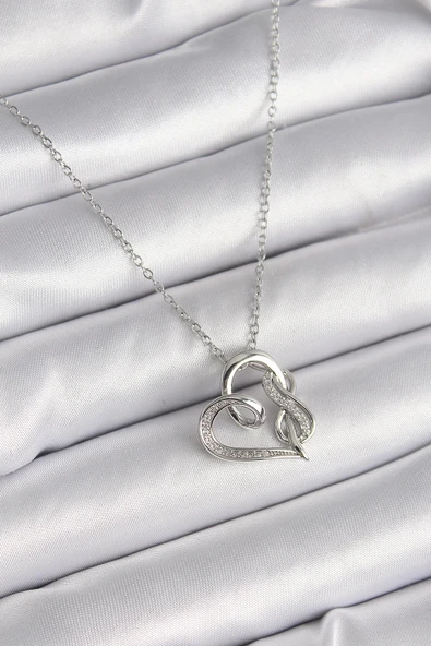 pilelistore 316L Çelik Gümüş Renk Zincir Zirkon Taş Detaylı Kalp Model Sonsuzluk Detay Kadın Kolye - TJ-BKO9584
