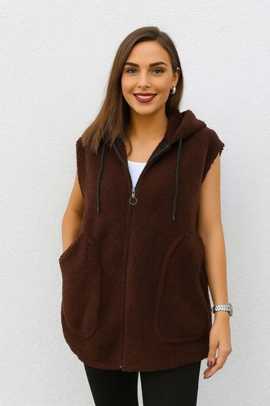 Kadın Kapüşon Ve Fermuar Detay Welsoft Kolsuz Yelek