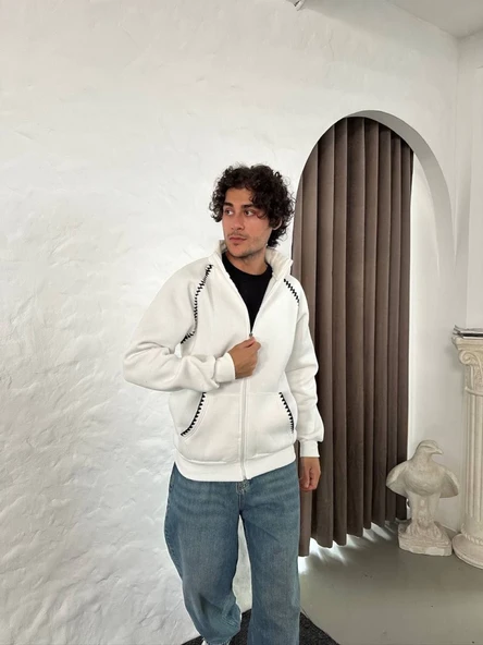 Erkek Oversize Dik Yaka Fermuarlı Sweatshirt - Zincir Nakışli Kanguru Cepli - Beyaz - Resim 4
