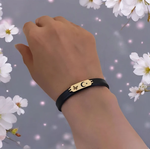 14 Ayar Altın Plakalı Sembole Özel Doğal Siyah Derili Kelebek Figürlü Hediye Bileklik-646 - Resim 2