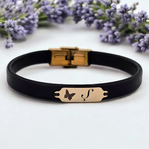 14 Ayar Altın Plakalı Harfe Özel Kelebek Figürlü Doğal Siyah Derili Hediye Bileklik-646 ürün görseli
