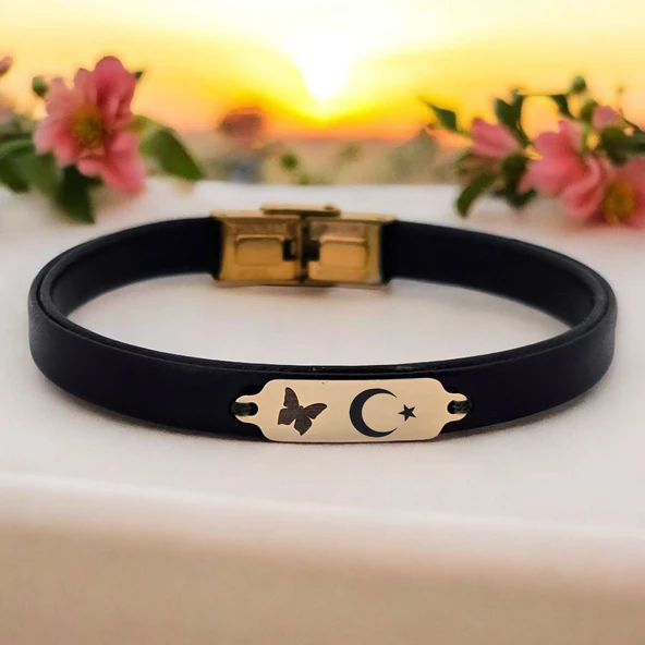 14 Ayar Altın Plakalı Sembole Özel Doğal Siyah Derili Kelebek Figürlü Hediye Bileklik-646 ürün görseli