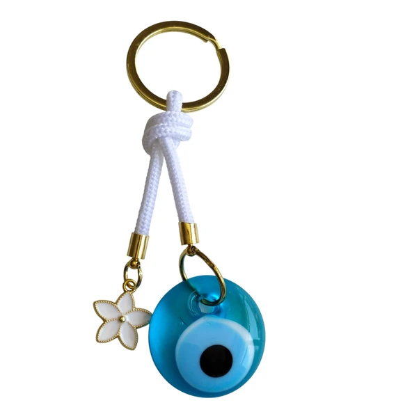 Cam Nazar Boncuklu Lotus Çiçekli Beyaz İpli Anahtarlık