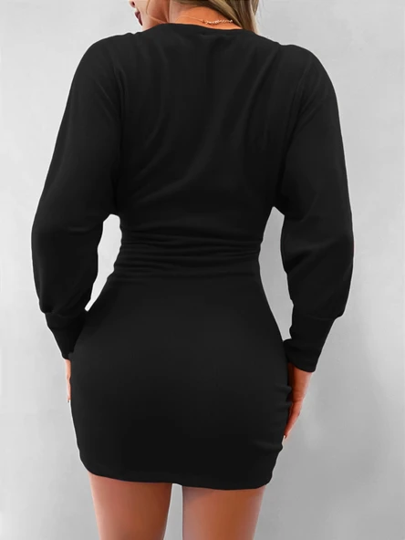 Kadın Uzun Kollu Omuzlar Açık Detay Triko Elbise - 6